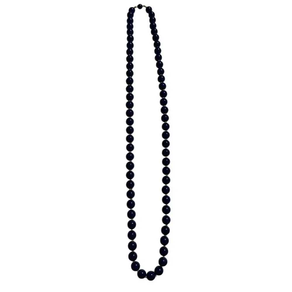 Vintage Navy Blue Beaded Necklace 28 Inch Strand Gold Tone Clasp Classic